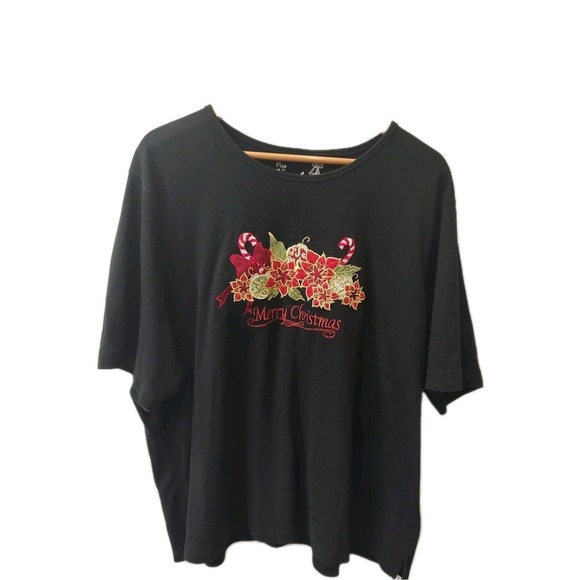 Coral Bay Plus Sz 3X Christmas T-Shirt Women Black Embroidered Poinsettia Candy - Picture 1 of 6